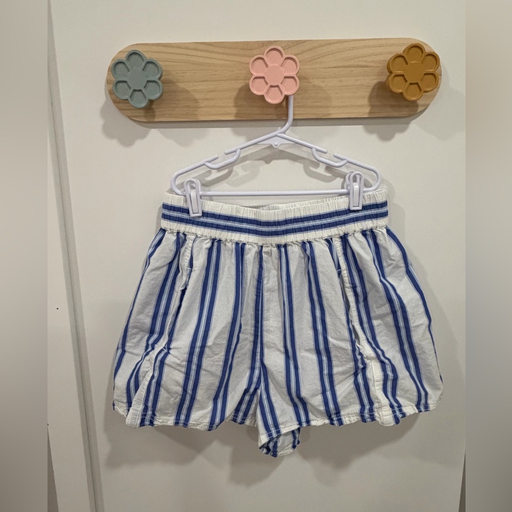 Free People Women’s Striped Blue and White Elastic Boxer Waist Shorts